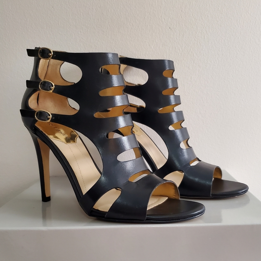 Marc Fisher Black Leather Jambee Heel Sandals